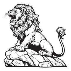 Lion roaring on a rock, vector image suitable for coloring books
