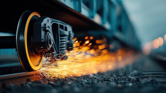 Freight train brake system in action with sparks