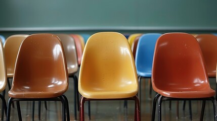 Colorful empty chairs in classroom setting with chalkboard background