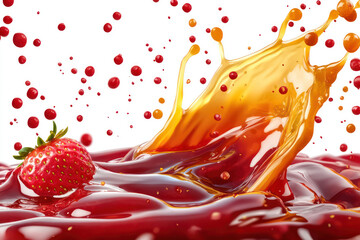 Cutout of golden caramel sauce and vibrant red strawberry sauce splashing on isolated PNG transparent background
