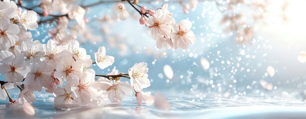 Delicate cherry blossoms in bloom over sparkling water with soft bokeh background