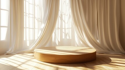 Sunlit minimalist wooden platform in elegant draped interior setting