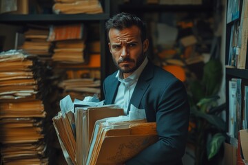 Focused businessman holding documents in a cluttered office environment