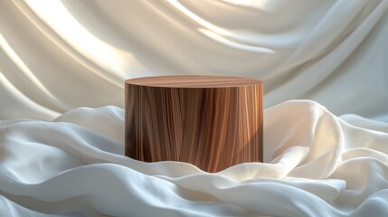 Elegant wooden cylinder on luxurious white fabric with soft lighting
