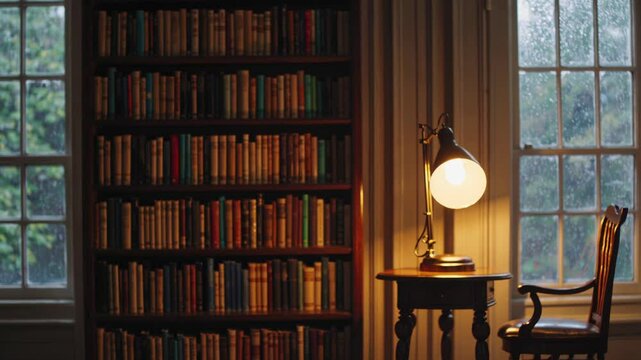Cozy home library with vintage books, wooden chair, and warm lamp by rainy window


