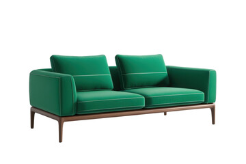 Emerald Couch: An inviting two-seater couch with a vivid green upholstery and wooden legs, embodying modern comfort and elegance for living spaces.