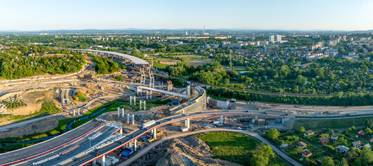 Krakow, Poland. Mistrzejowice highway interchange under construction. Temporary ramp joining S52 and S7 express road from Warszawa. Eastern part of beltway around Cracow just being build. May 25, 2025
