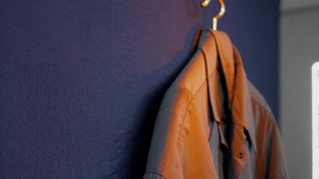 Brown coat hanging on wall hook against textured blue surface in soft light

