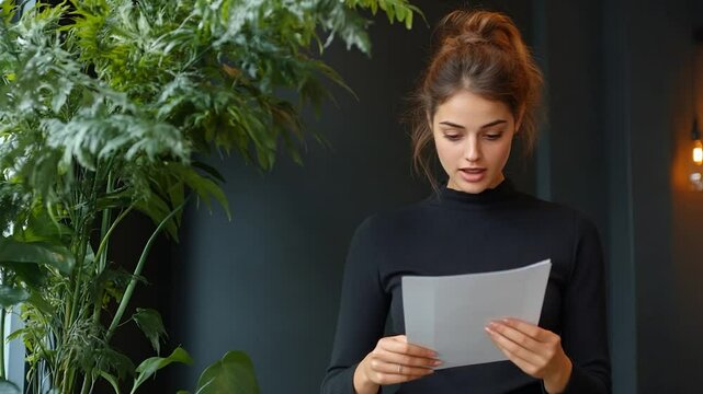 Woman reviewing documents in a modern office