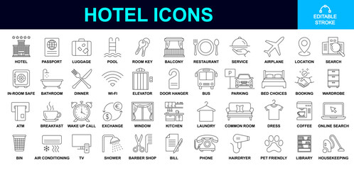 hotel service icons . hotel room thin line icons large collection. hotel icons editable stroke reflecting holiday, lifestyles, travel, relaxation, trip, exploration, comfort, tour etc concept
