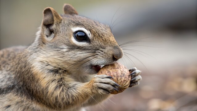 Squirrel chewing on an acorn, shot tightly around paws and face, detailed fur and tooth structure