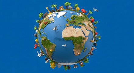 Naklejka premium Cartoon Globe with Animals and Plants on a Blue Background