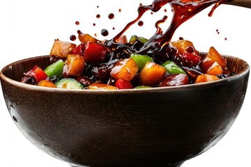 Cutout of hoisin sauce splashing onto a bowl of stir-fried vegetables, rich dark brown with a glossy finish, isolated on a PNG transparent background