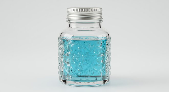 Etched glass bottle with teal liquid