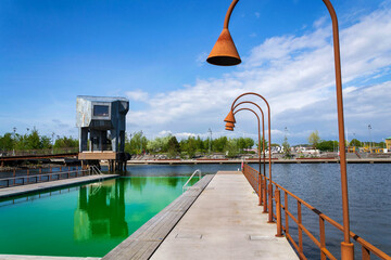 Sauna at Allmanna harbour bath with floating swimming pools in Frihamnen, Gothenburg, Sweden, sunny day