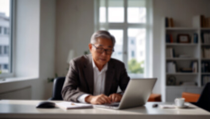 Fototapeta premium Senior businessman working with laptop in the office. Blurred background. Created using generative AI tools 