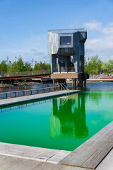 Sauna at Allmanna harbour bath with floating swimming pools in Frihamnen, Gothenburg, Sweden, sunny day