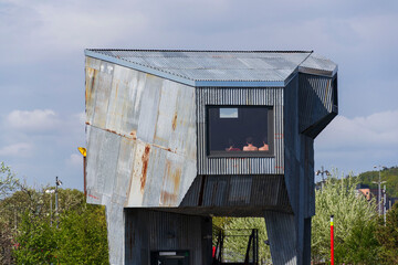 Sauna at Allmanna harbour bath with floating swimming pools in Frihamnen, Gothenburg, Sweden, sunny day