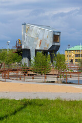 Sauna at Allmanna harbour bath with floating swimming pools in Frihamnen, Gothenburg, Sweden, sunny day