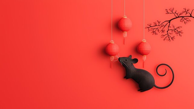 Black rat figurine with red lanterns and branches.  Chinese New Year celebration concept. Minimalist design.