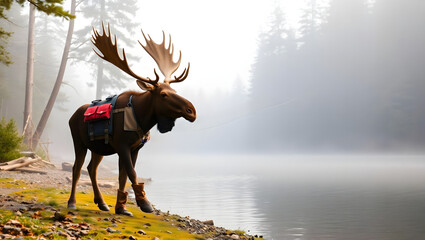 Moose walking along the foggy riverbank in a serene forest setting