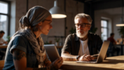 Blurred background of senior couple using laptop in coffee shop. Created using generative AI tools