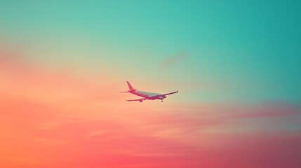 Private jet flying above the clouds during a vibrant sunset, creating a serene and luxurious atmosphere