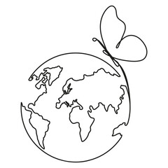 Flying butterfly with Earth globe continuous line drawing symbol. World map one line art. Vector illustration isolated on white background.