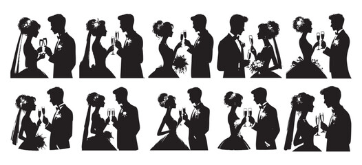 Fototapeta premium Elegant black and white silhouettes of couples toasting champagne on wedding day