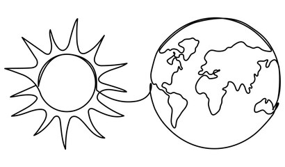 Continuous line drawing sun and Earth globe. Vector illustration isolated on white.