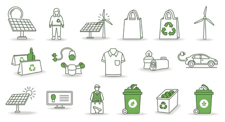 Fototapeta premium Minimalistic Green Icons Set for World Environment Day 2025 – Sustainable Living Symbols on White Background