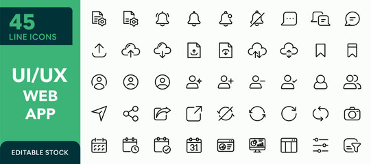 UI UX line icon set. Web and mobile modern interface, app navigation, settings, dashboard, notification, and editable outline vector icon collection.