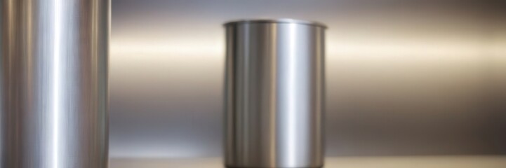 Two sleek metallic containers stand on a softly lit gradient backdrop, highlighting their modern design, reflective finish, and minimalist aesthetic with clean, contemporary elegance. 