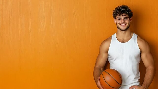 Smiling Muscular Basketball Player Against Orange Background