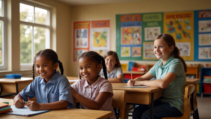 Fototapeta premium Blurrie background, selective focus of smiling schoolgirls drawing with pencils in classroom Created using generative AI tools