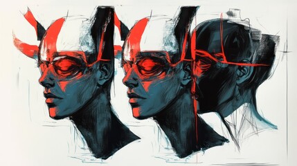 Trilogy of Faces: Abstract Portraiture in Red and Teal