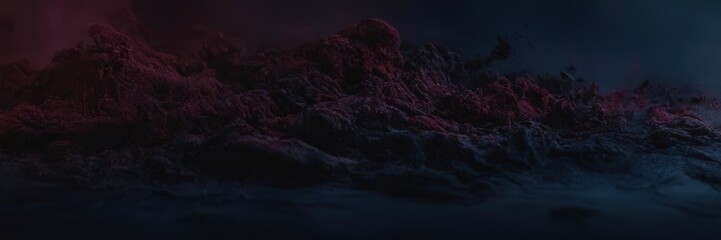 A dark textured landscape in deep red and blue tones, evoking a moody, atmospheric scene with rich contrast and emotional depth. 