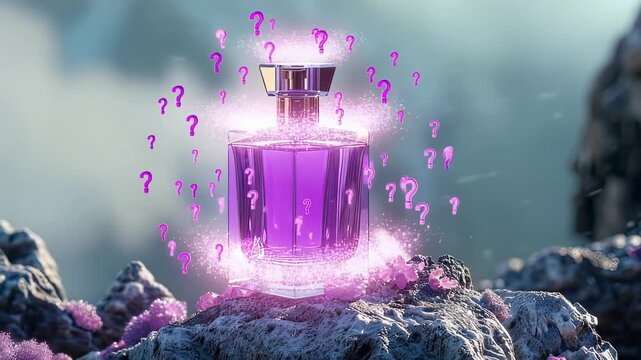 Elegant purple perfume bottle with glowing effects and question marks, presented on a rocky surface in a surreal, dreamlike environment.