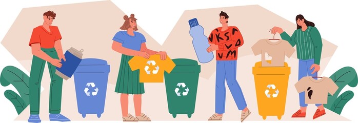 Fototapeta premium Waste separation and recycling concept. People collecting and storing recyclable materials in containers to reduce garbage production.