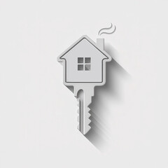 Minimal white house key icon with long shadow on light background for modern real estate logo property agency branding and housing market identity
