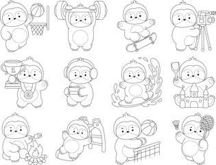 Coloring pages of Funny baby sloth animal series stock illustration. 
