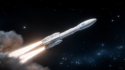 Satellite Launch in Space with Rocket Booster and Stars