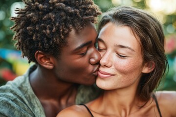 Fototapeta premium Tender affection shown as a young diverse pair kiss gently, lips touching softly, celebrating International Kissing Day in a sun-drenched park setting.
