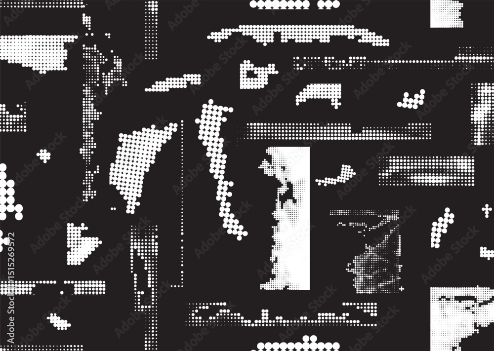 Aufkleber Glitch distorted geometric shape . Noise destroyed logo . Trendy defect error shapes . Glitched frame .Grunge textured . Distressed effect .Vector shapes with a halftone dots screen print texture.