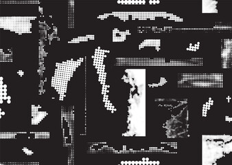 Glitch distorted geometric shape . Noise destroyed logo . Trendy defect error shapes . Glitched frame .Grunge textured . Distressed effect .Vector shapes with a halftone dots screen print texture.