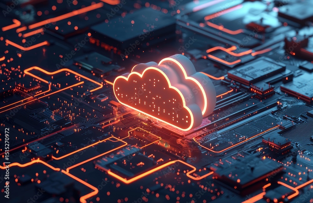 Fototapete 3d cloud icon glowing over a digital circuit board, symbolizing cloud computing technology, data flo
