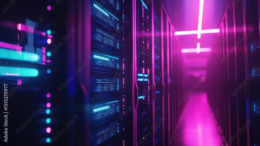 Poster neon-lit data center corridor with glowing blue and pink server racks, showcasing modern server tech