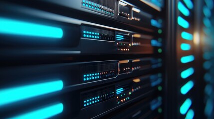 Obraz premium Detailed close-up of glowing server racks with blue indicator lights in a high-tech data center, emphasizing data storage, cybersecurity, and digital network systems