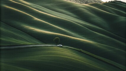 solo car travelling through Rolling Green Hills – Minimal Landscape for Nature Backgrounds, Wallpapers, and Eco-Themed Designs