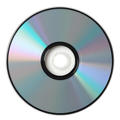 A single compact disc displaying a rainbow sheen and a black and white center isolated on transparent background